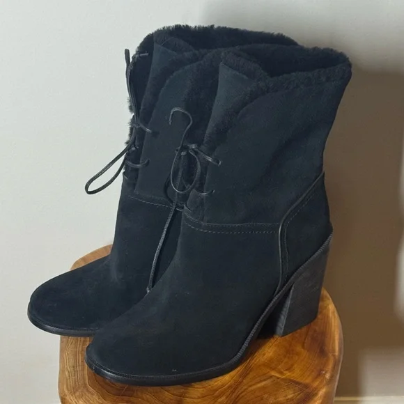 UGG|| Jerene Genuine Shearling Black Suede Block Heel Fold Over Boots Size 10 - Picture 6 of 11